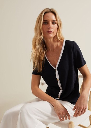 Phase Eight Dorothy Contrast Piping Linen T Shirts Navy/White Canada | NSCXMU-190